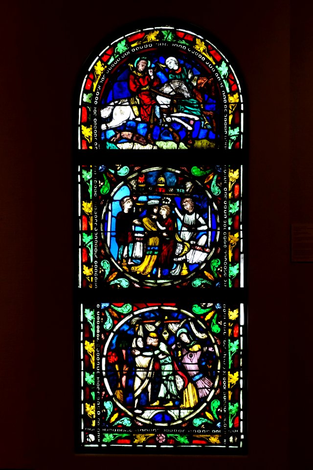 Stained glass window with the Parable of the Prodigal Son, France, c. 1215-1225, pot metal, glass, vitreous paint - Krannert Art Museum, UIUC - DSC06358