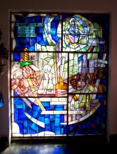 Stained glass window in the Galyatető Roman Catholic church