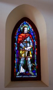 Stained glass window in the Galyatető Roman Catholic church with Saint Ladislaus