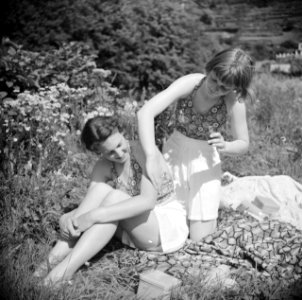 Stiefdochters Renée en Hans zonnebadend op een grasveld, Bestanddeelnr 191-0576