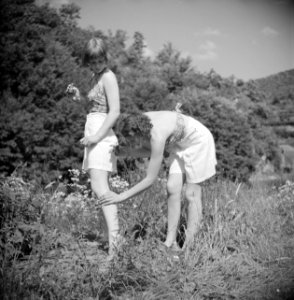 Stiefdochters Renée en Hans zonnebadend op een grasveld, Bestanddeelnr 191-0578