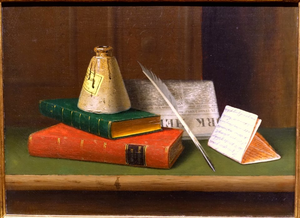 Still Life with 'New York Herald' and Butler's 'Hudibras', by William Michael Harnett, 1880, oil on canvas - Portland Museum of Art - Portland, Maine - DSC04237