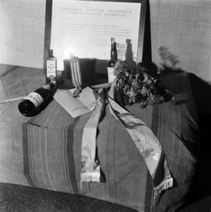 Stilleven (flessen drank, verlept boeket, diploma's, hoge hoed, medaille, lustru, Bestanddeelnr 900-7996