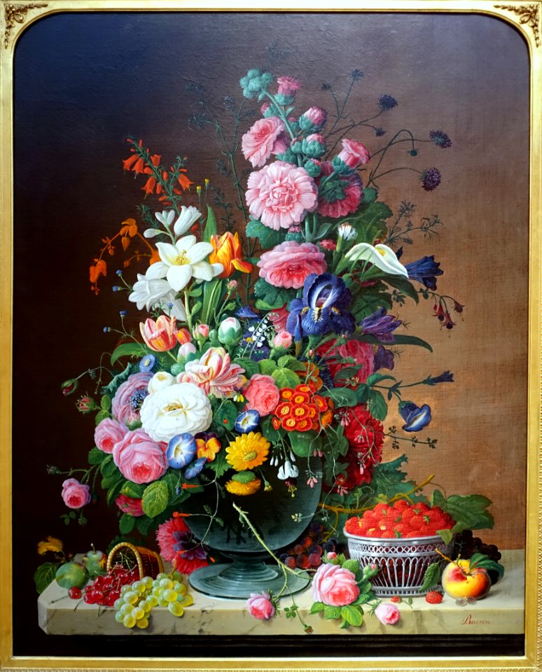 Still Life with Flowers and Fruit, by Severin Roesen, 1870-1872, oil on canvas - Portland Art Museum - Portland, Oregon - DSC08714