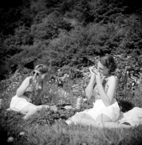 Stiefdochters Renée en Hans op een grasveld Hans speelt mondharmonica, Bestanddeelnr 191-0585