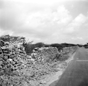 Stenen muur langs een weg op Curaçao, gebouwd door slaven, Bestanddeelnr 252-7376