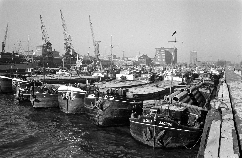 Stilte in de binnenscheepvaart in Parkhaven te Rotterdam liggen de schepen 12 ri, Bestanddeelnr 915-9545