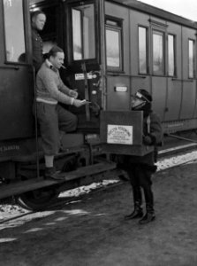 Stolpce aan de Pools-Russische grens. Poolse postbeambte biedt een treinpassagie, Bestanddeelnr 190-1140