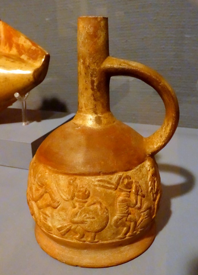 Stirrup spout vessel with the dance of death, Peru, Moche V, north coast, c. 600 AD, earthenware with slip glaze - Krannert Art Museum, UIUC - DSC06506