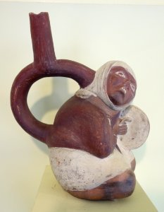 Stirrup spout vessel, Muchik people, Chicama Valley, Peru, c. 200-750 AD, ceramic with red and white slip glaze - Fitchburg Art Museum - DSC08969