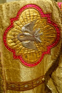 Stole presented to Archbishop Patrick W. Riordan on his silver jubilee, 1908, silk and gold thread, view 2 - Saint Ignatius Church, San Francisco, CA - DSC02624