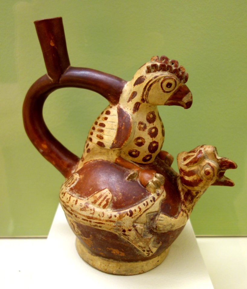 Stirrup spout pot with lizard and bird, Moche III, Peru, ceramic - Fitchburg Art Museum - DSC08780