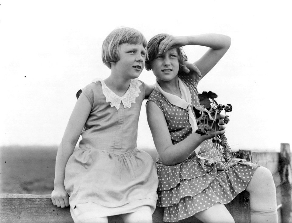 Stiefdochters Hans (rechts) en Renée zitten op een hek, Bestanddeelnr 252-0514