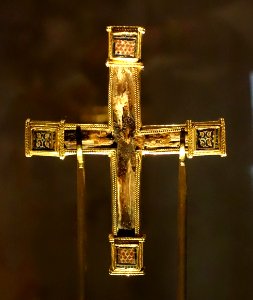 Stauroteca cross, reliquary containing fragments of Christ's cross with inscription, Constantinople, late 11th to early 12th century, gold, niello, glass, wood, cloisonne, gems - Museo Diocesano (Genoa) - DSC01763 photo
