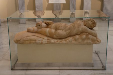 Statue of Sleeping Maenad (2nd cent. A.D.) at the National Archaeological Museum of Athens on July 1, 2018