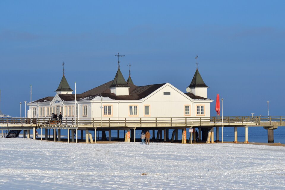 Winter beach sea bridge