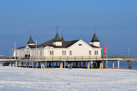 Winter beach sea bridge