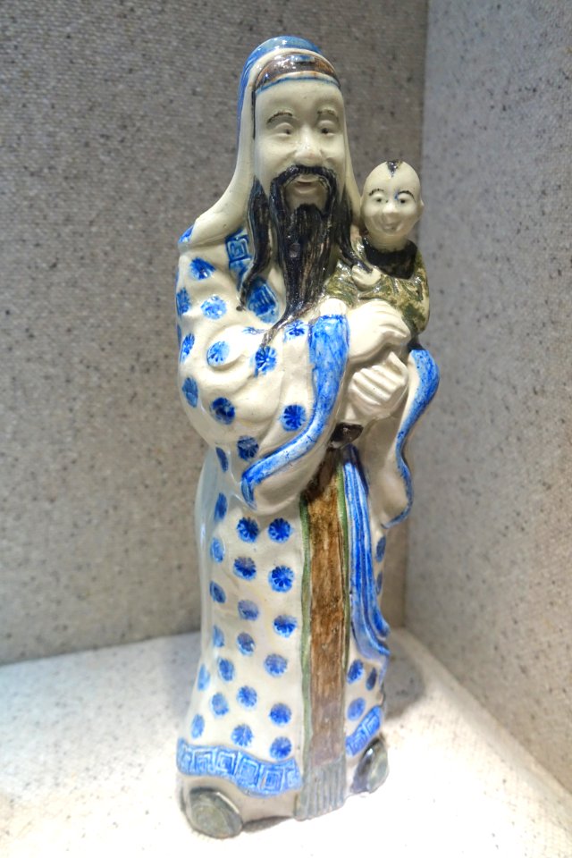 Statue of Three Stars (Fu-Lu-Shou), Bat Trang kiln, Hanoi, Nguyen dynasty, late 19th to early 20th century, polychrome ceramic - National Museum of Vietnamese History - Hanoi, Vietnam - DSC05455