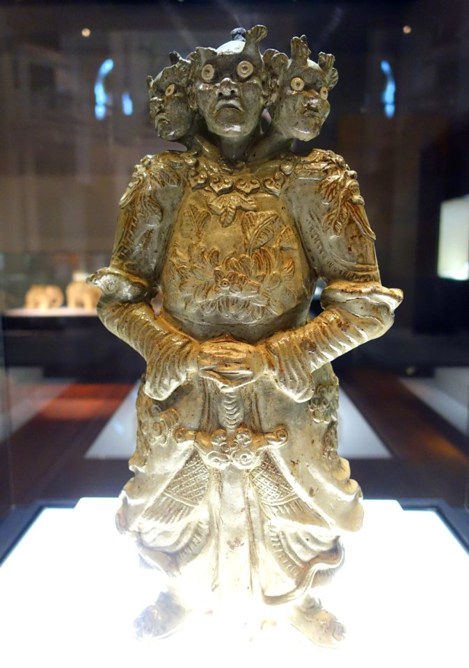 Statue of Dvarapala with three heads, Bat Trang kiln, Hanoi, Nguyen dynasty, 19th to 20th century, white glazed ceramic - National Museum of Vietnamese History - Hanoi, Vietnam - DSC05458