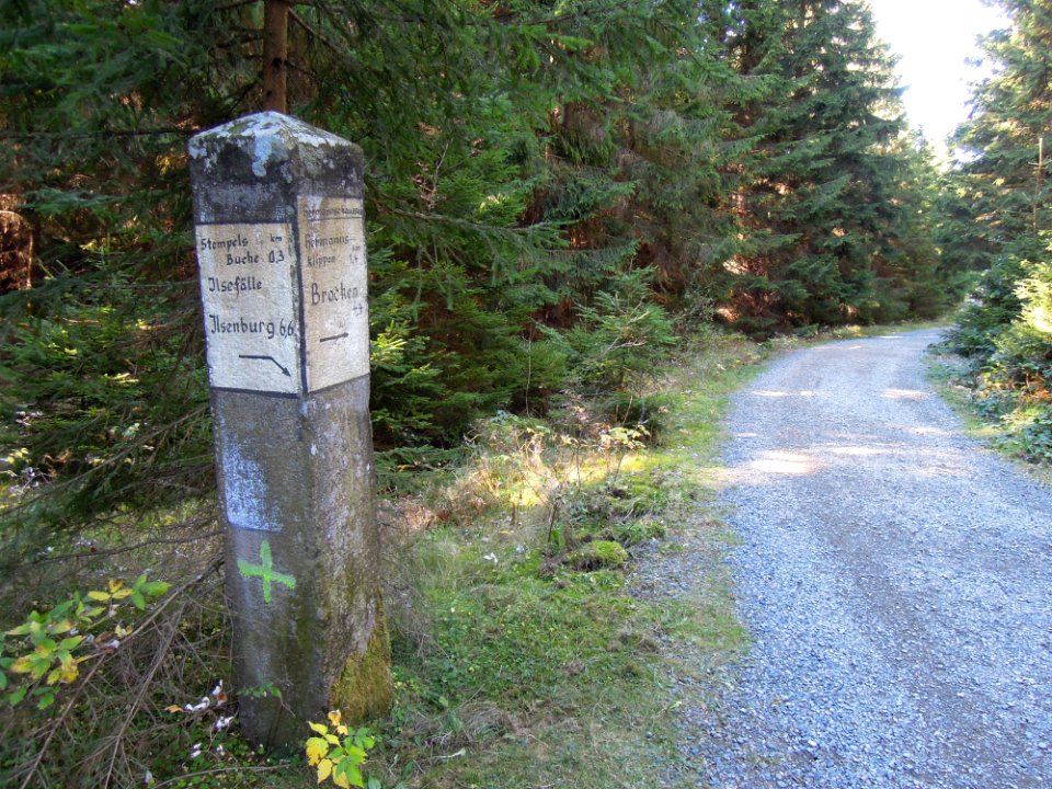 Steinerner Wegweiser an Hermanns Chaussee unweit Stempels Buche am Abzweig zum verbotenen Schneelochweg auf den Brocken Mitte Oktober 2018