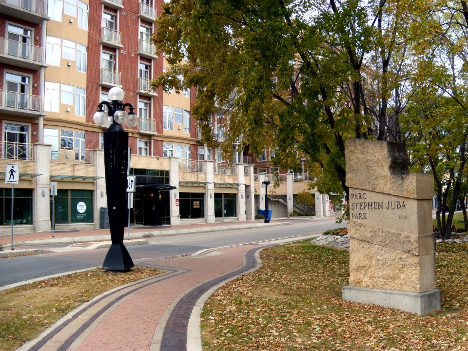 Stephen Juba Park and Condominiums in Winnipeg's Waterfront District in fall
