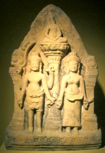 Stele with Buddha, Lokeshvara and Prajñaparamita from Cambodia, Bakheng style, 10th century, sandstone, HAA