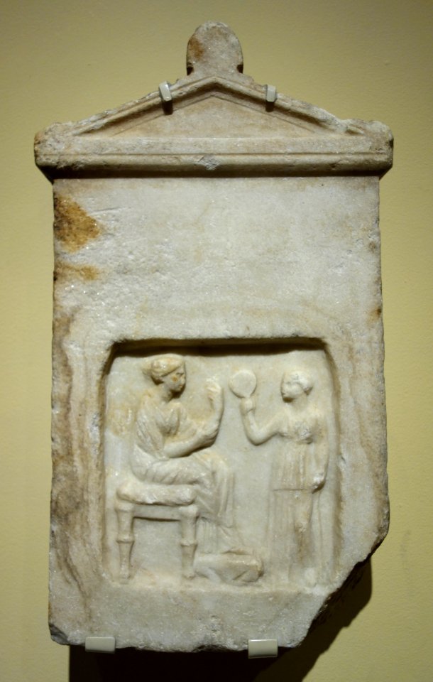 Stele of woman and her servant, Greek, Attica or Greek Islands, late Hellenistic to early Roman Imperial periods, 50 BC - 50 AD, marble - Fitchburg Art Museum - DSC08632