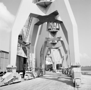Stellages van havenkranen aan de kade, Bestanddeelnr 255-2138