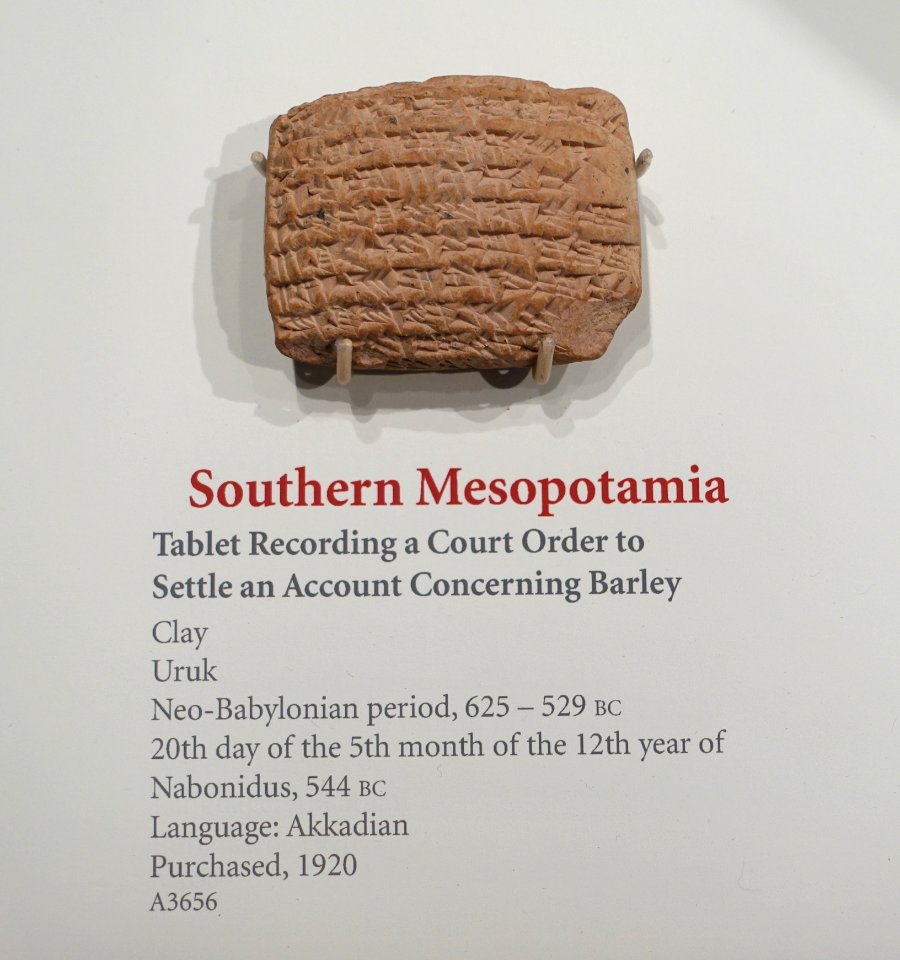 Tablet in Akkadian recording a court order to settle an account concerning barley, Uruk, 544 BC, clay - Oriental Institute Museum, University of Chicago - DSC07092