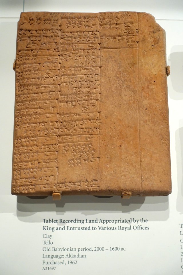 Tablet in Akkadian recording land appropriated by the king and entrusted to various royal offices, Tello, Old Babylonian Period, 2000-1600 BC, clay - Oriental Institute Museum, University of Chicago - DSC07084
