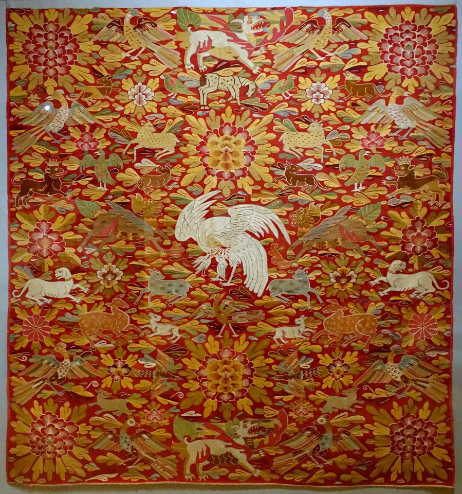 Table cover or wall hanging, Peru, south highlands, 1675-1700 AD, cotton, camelid hair, silk, view 1 - Textile Museum, George Washington University - DSC09597