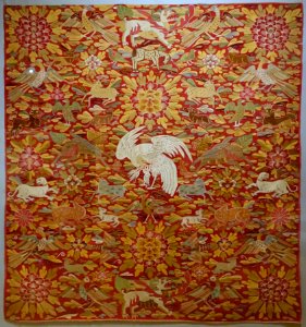 Table cover or wall hanging, Peru, south highlands, 1675-1700 AD, cotton, camelid hair, silk, view 1 - Textile Museum, George Washington University - DSC09597