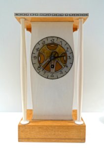 Table clock, designer Joseph Maria Olbrich, c. 1902, maple, ivory, nacre, copper, brass, tin - Museum Künstlerkolonie Darmstadt - Mathildenhöhe - Darmstadt, Germany - DSC06304