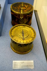 Table or traveling clock, Southern Germany, 1584, iron, gilt brass, wood, leather - Germanisches Nationalmuseum - Nuremberg, Germany - DSC03762