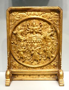 Table screen depicting the Taoist deity Doumu and her entourage, China, Ming or Qing dynasty, approx. 1500-1700 AD, gilt bronze - Asian Art Museum of San Francisco - DSC01647