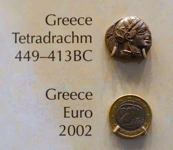 Tetradrachm, 449-413 BC, and 1 Euro, 2002, Greece - National Museum of American History - DSC00287