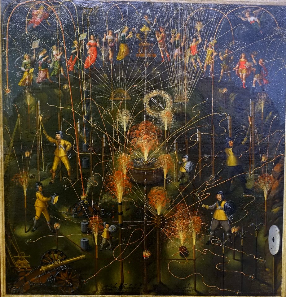 Test fireworks by Johann Khonn, painted by Joseph Furttenbach I, Ulm, 1645, oil on canvas - Germanisches Nationalmuseum - Nuremberg, Germany - DSC02776