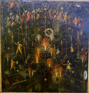 Test fireworks by Johann Khonn, painted by Joseph Furttenbach I, Ulm, 1645, oil on canvas - Germanisches Nationalmuseum - Nuremberg, Germany - DSC02776