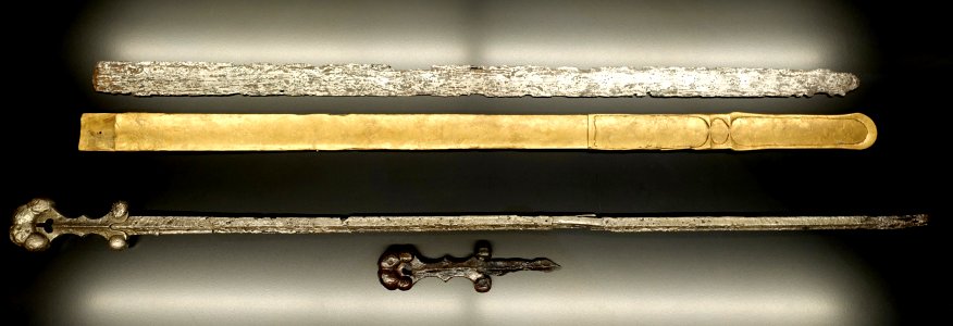 Swords, iron, 1 with bronze sheath, Kreis Goppingen, c. 100 BC, 2 Kreis Goppingen, 2nd-1st century BC, 3 Kreis Neuberg or Donau, 2nd-1st century BC - Landesmuseum Württemberg - Stuttgart, Germany - DSC02832