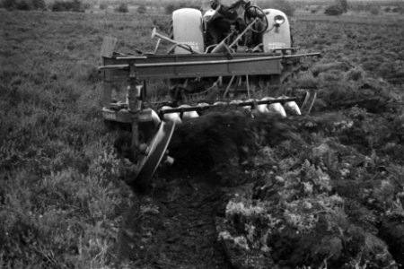 Terreinen, schijvenstoppelploegen, tractoren, arbeiders, Veluwe Hul, Bestanddeelnr 170-0778