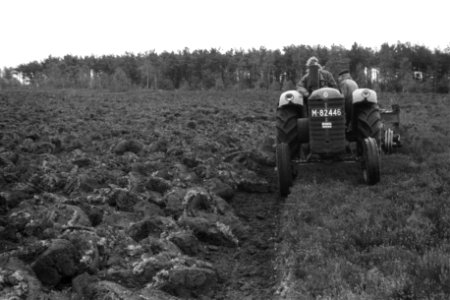 Terreinen, schijvenstoppelploegen, tractoren, arbeiders, Veluwe Hul, Bestanddeelnr 170-0776