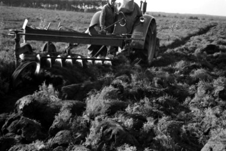 Terreinen, schijvenstoppelploegen, tractoren, arbeiders, Veluwe Hul, Bestanddeelnr 170-0788