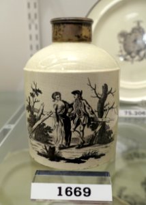Tea canister, Humphrey Palmer (potter) & Henry Baker (printer), Hanley, Staffordshire, c. 1770, transferware (creamware), HD 1669- Flynt Center of Early New England Life - Deerfield, Massachusetts - DSC04579