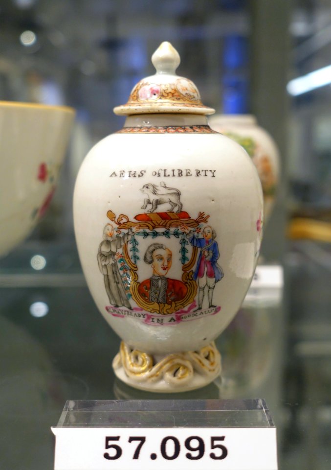 Tea canister with John Wilkes, c. 1770, hard paste porcelain, overglaze enamels, gilt, HC 57.095 - Flynt Center of Early New England Life - Deerfield, Massachusetts - DSC04809