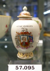 Tea canister with John Wilkes, c. 1770, hard paste porcelain, overglaze enamels, gilt, HC 57.095 - Flynt Center of Early New England Life - Deerfield, Massachusetts - DSC04809
