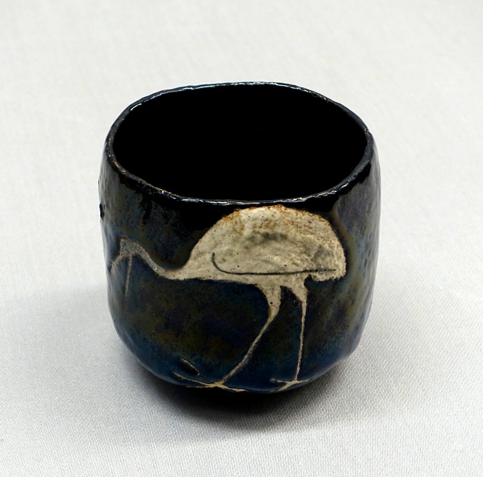 Tea bowl with crane and tortoise design, by Ninnami Dohachi, Raku ware, Kuroraku type, Japan, Edo period, 1800s AD, ceramic - Tokyo National Museum - Tokyo, Japan - DSC08967