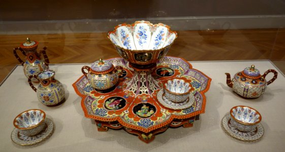 Tea and Coffee Service, Dejeuner chinois reticule, Sevres, Jacinthe Reginer designer, Pierre Huard decorator, marks for 1839 and 1842, hard-paste porcelain - California Palace of the Legion of Honor - DSC07777