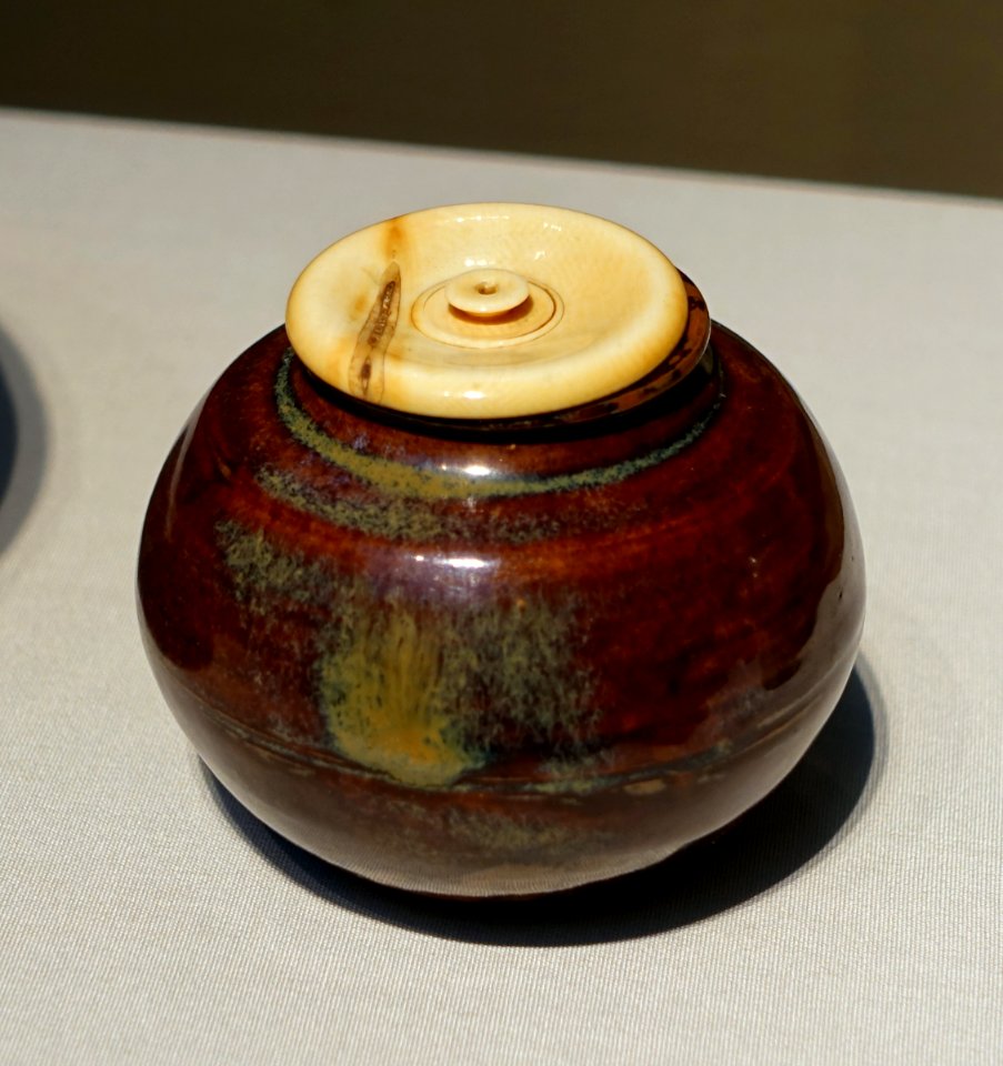 Tea caddy, bunrin type, China, Fujian Province, unknown kiln, Southern Song, Yuan, or Ming dynasty, 13th-15th century AD, stoneware, iron and wood-ash glazes, ivory lid - Freer Gallery of Art - DSC04746