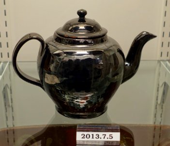 Teapot, attributed to Thomas Crafts, Whately MA, 1822-1832, lead-glazed redware, manganese, item HD 2013.7.5 - Flynt Center of Early New England Life - Deerfield, Massachusetts - DSC04062