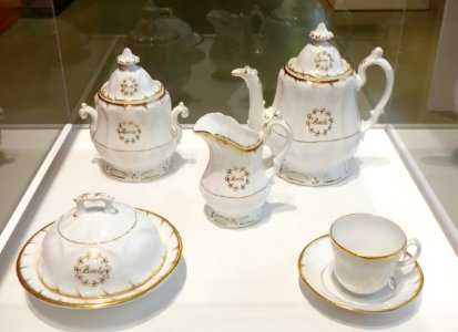 Teapot, Sugar Bowl, Creamer, Cup and Saucer, and Butter Dish from a Twelve-Piece Service - unknown maker, England, patented 1853, glazed earthenware - Brooklyn Museum - DSC09124